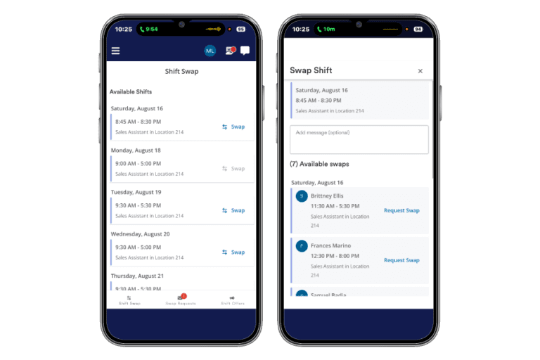 Two smartphone screens display a work shift swapping interface, showing available shifts and options to swap or request a swap with coworkers.