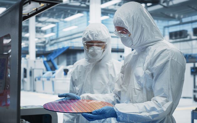 Two people in cleanroom suits and gloves inspect a silicon wafer in a high-tech manufacturing facility.