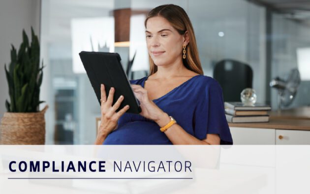 A woman in a blue blouse uses a tablet in a modern office. The text "Compliance Navigator" appears at the bottom of the image.