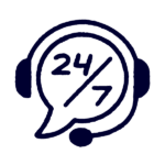 Icon of a headset with a speech bubble displaying "24/7," representing round-the-clock customer support or service.
