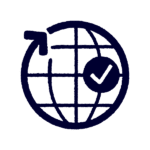 A navy blue globe icon with a check mark and an arrow curving around the top left, on a light gray background.