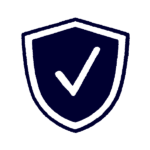 A dark blue shield icon with a white check mark in the center, representing security or verified status, on a light gray background.