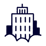 Simple, hand-drawn illustration of a multi-story building with rectangular windows and an arched base, set against a plain background.