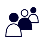 Simple icon illustration of three people, represented by circles for heads and curved lines for shoulders, arranged in a diagonal line on a light background.