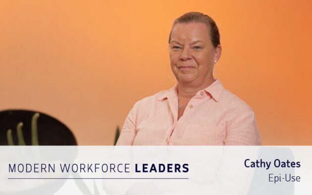 A woman in a light pink shirt sits and smiles in front of an orange background. Text reads: "Modern Workforce Leaders" and "Cathy Oates, Epi-Use.