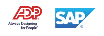 Logos for ADP with the slogan "Always Designing for People" and SAP on a blue background, side by side on a light gray background.