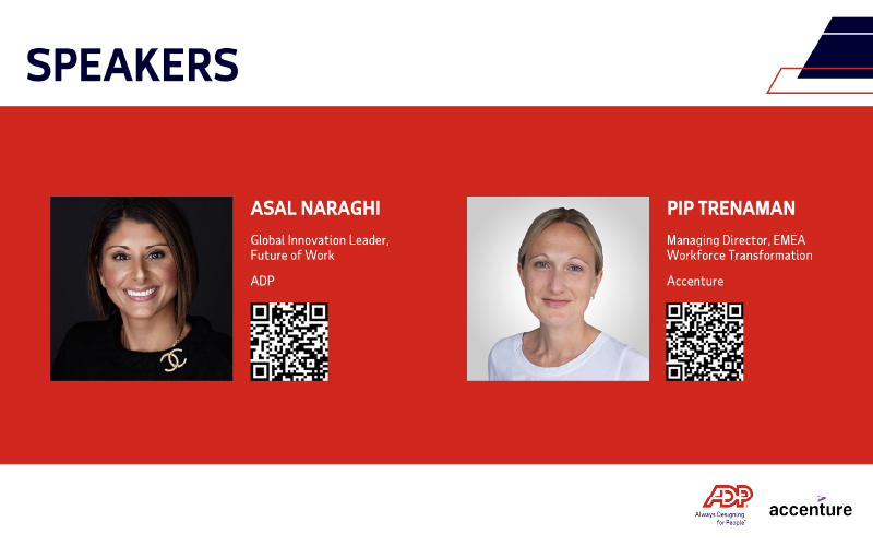 Speaker profiles of Asal Naraghi from ADP and Pip Trenaman from Accenture, each with a headshot, job title, and QR code, on a red and white background.