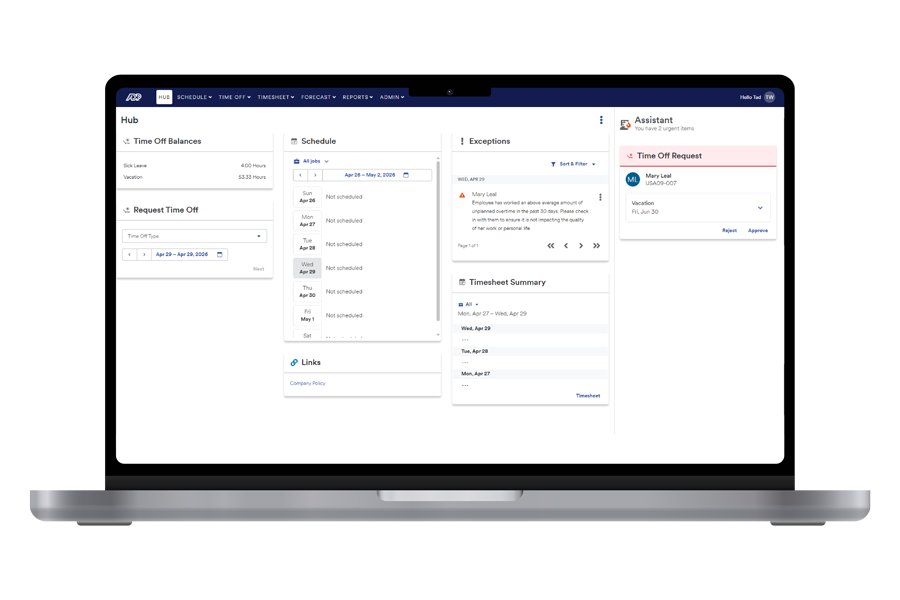 WorkForce Software HUB manager dashboard showing time-off balances, schedule, and timesheet summary panels