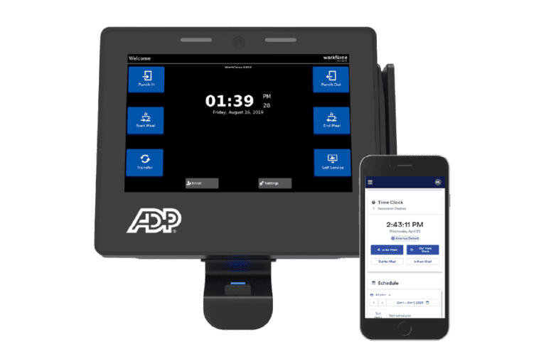 A black ADP time clock terminal with a touchscreen interface is shown next to a smartphone displaying a time clock app.
