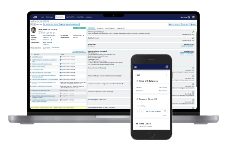 A laptop and smartphone display an employee profile and time-off request dashboard in a workforce management software interface, showcasing advanced absence management features.
