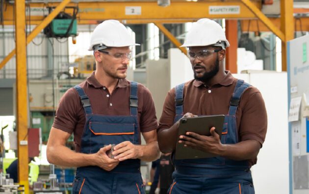Two workers wearing hard hats and safety glasses stand in a factory, looking at a tablet. One holds the tablet while they discuss something. Both wear brown shirts and blue overalls.