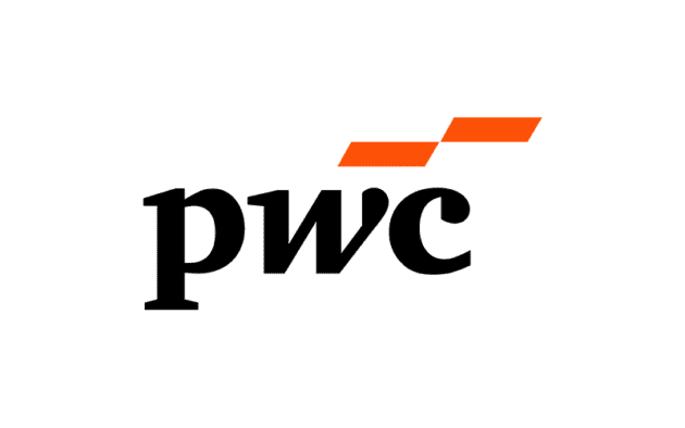 PwC logo with lowercase black “pwc” text and three orange rectangular shapes above the “c” on a light gray background.