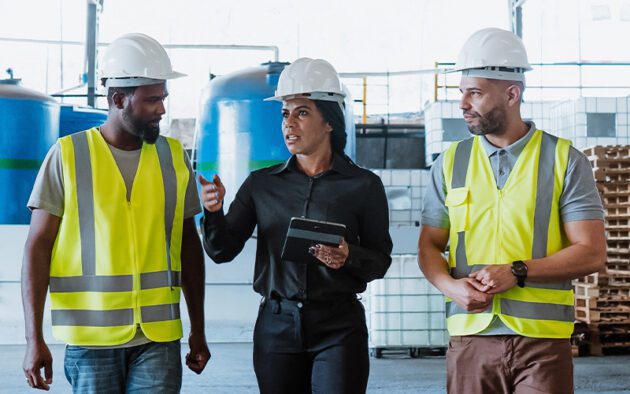Three workers wearing safety helmets and reflective vests walk and talk in an industrial warehouse; one person holds a tablet and gestures while speaking to the others.