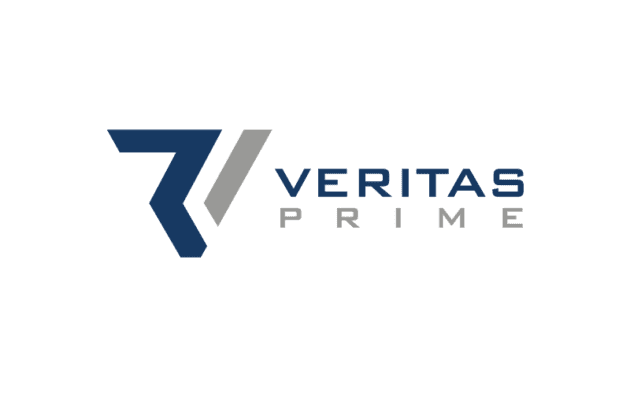 Logo with a stylized blue and gray “V” shape on the left and the words “VERITAS PRIME” in blue and gray uppercase letters on a light background.