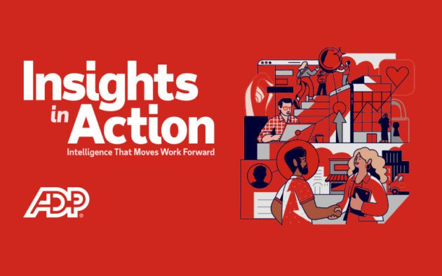 Illustration with “Insights in Action” text, ADP logo, and diverse people collaborating, shaking hands, and interacting with technology and data icons on a red background.