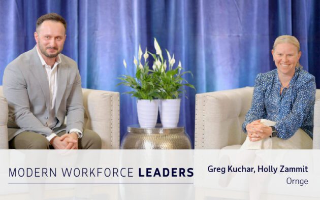 Two people sit in armchairs with a plant between them, against a blue curtain backdrop. Text overlay reads: “Modern Workforce Leaders. Greg Kuchar, Holly Zammit. Ornge.”.