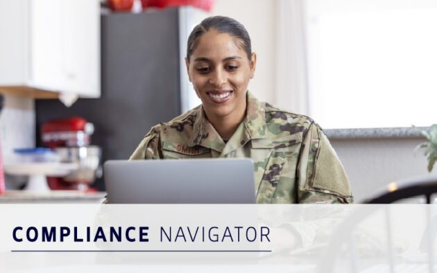 A person in military uniform sits at a kitchen table, smiling while using a laptop. The text “COMPLIANCE NAVIGATOR” is displayed in the foreground.
