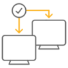 Two computer icons are connected by arrows, indicating data transfer or connection between them. One arrow has a check mark.