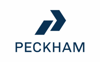 Navy blue geometric arrow logo above the word "PECKHAM" in bold uppercase letters on a white background.
