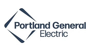 Portland General Electric logo with blue geometric shapes framing the company name in bold blue text on a white background.